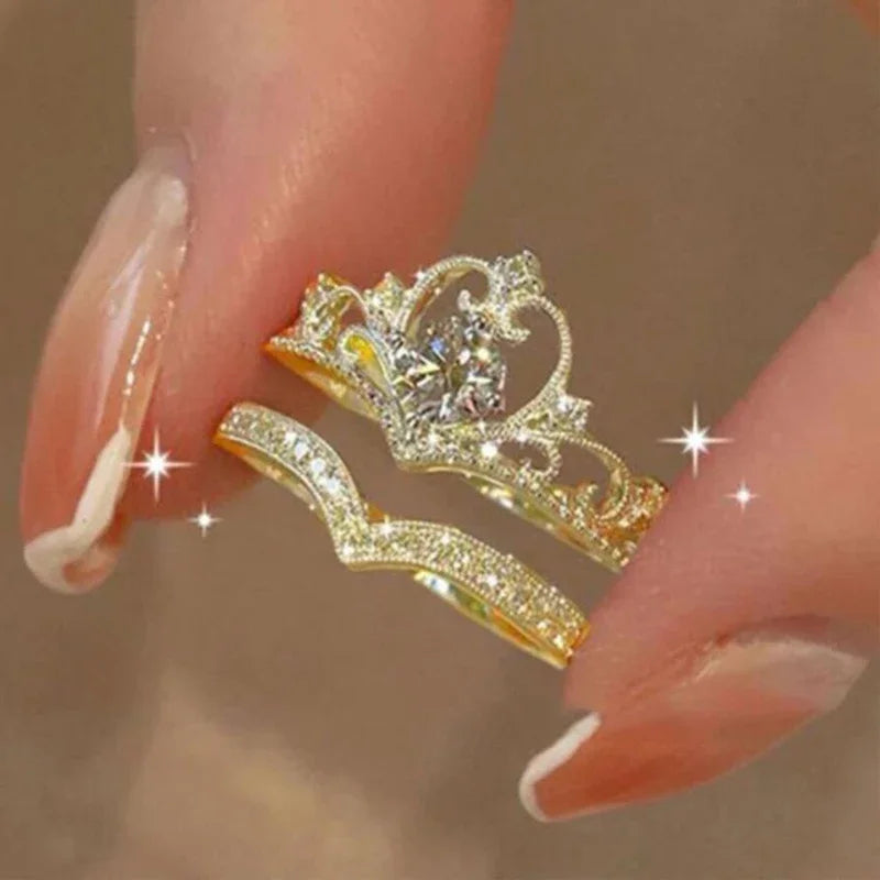 2PCS Crystal Queen Ring Irregular Geometry Vintage Rings