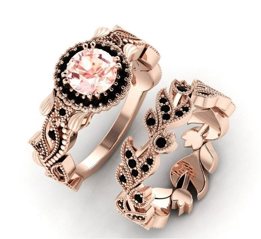 2 Pieces/set Decorated Gold Color Black Zircon Ring