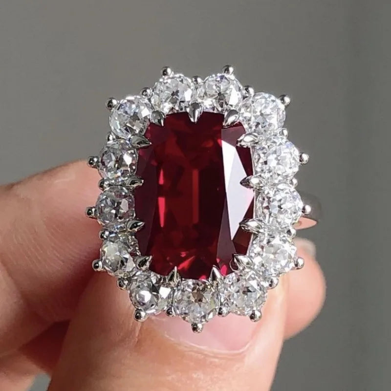Delicate Square Flower Silver Color White Red Stone