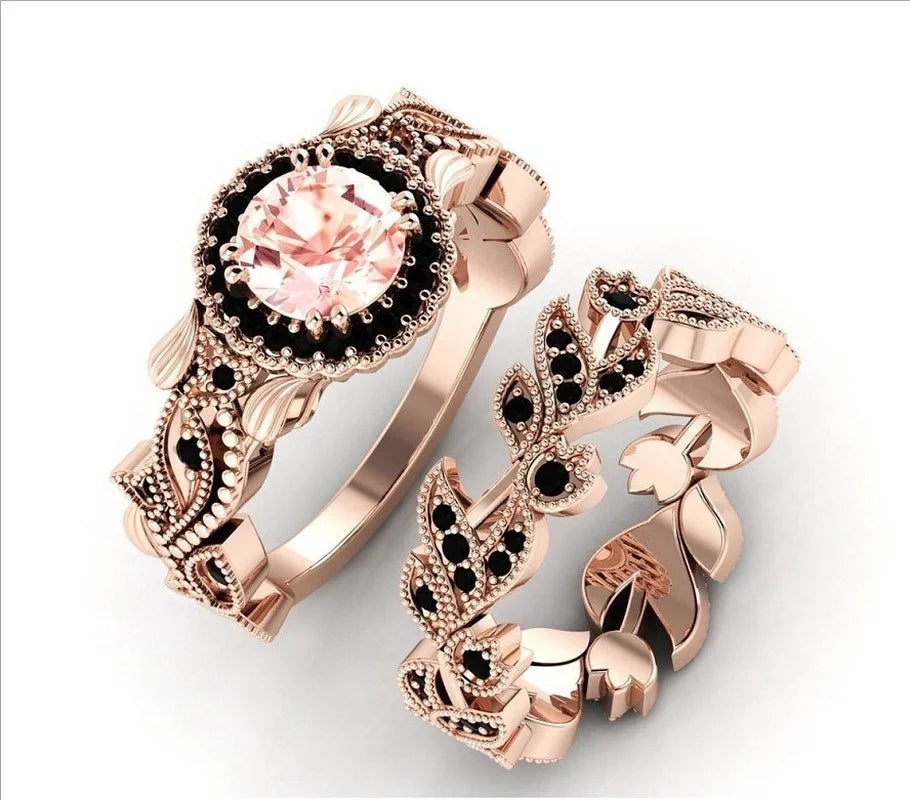2 Pieces/set Decorated Gold Color Black Zircon Ring