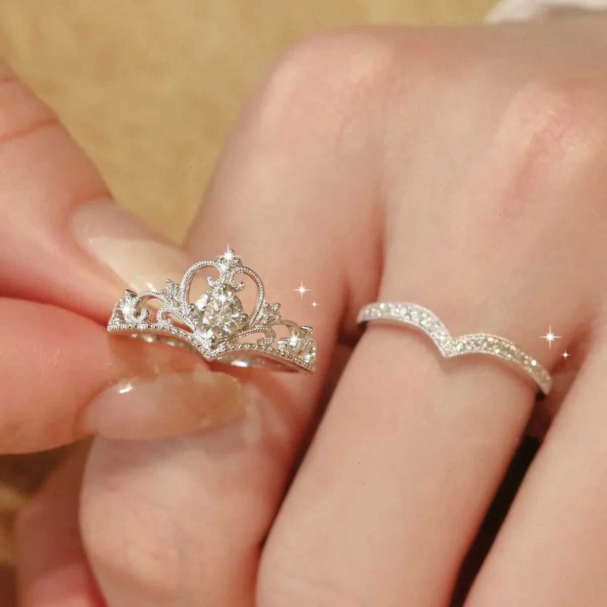 2PCS Crystal Queen Ring Irregular Geometry Vintage Rings