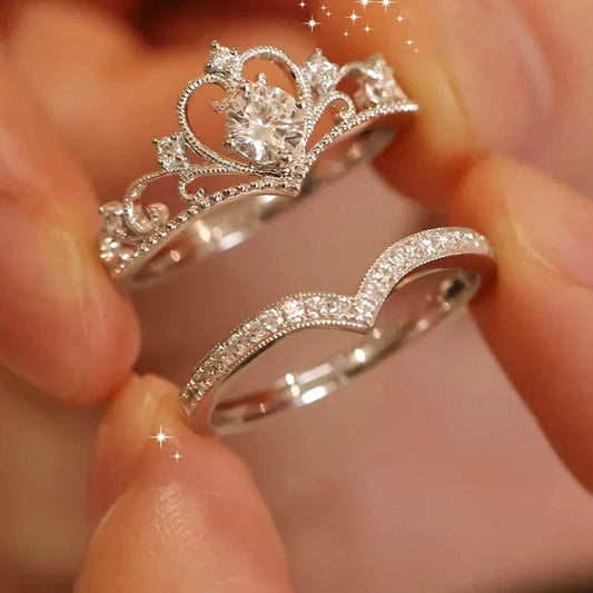 2PCS Crystal Queen Ring Irregular Geometry Vintage Rings